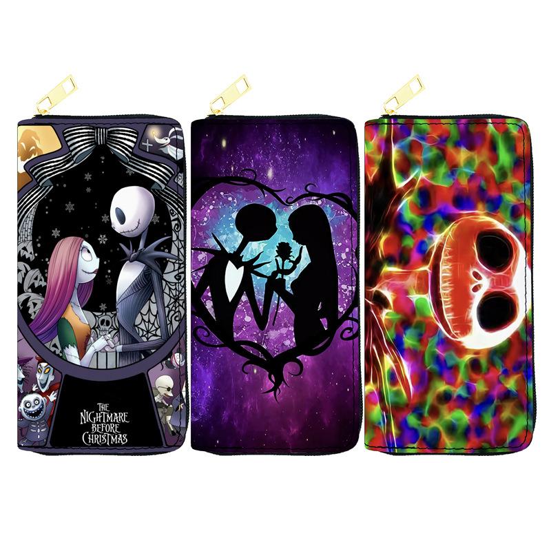 Nightmare Before Christmas PU Long Zip Wallet for Women Single Zipper Clutch Purse Makeup Bag Jack Skellington 3pcs