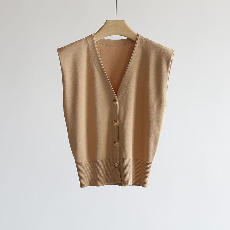 

French Style V-neck Ice Silk Qu Zhu Short Tup Cardigan Camel color One size