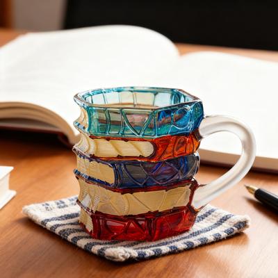 Hand-Painted Book Mug 3D Glass Design Novelty Stacked Book Coffee Cup Literary Gift for Teachers & Book Lovers