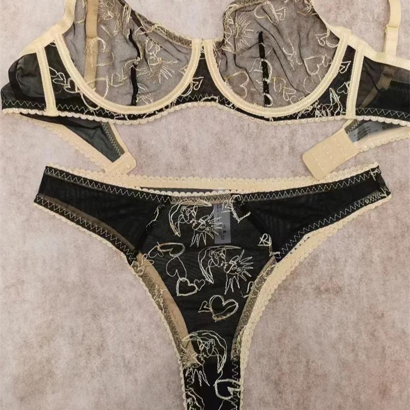 French Lace Embroidery Underwear Set for Women Sexy Ultrathin Breathable Push Up Bra Set Luxury Lingerie Romantic Bra and Thongs