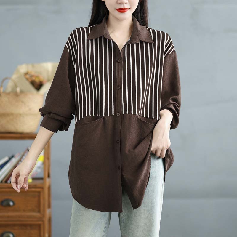 

DIMANAF 2025 Блузка Большого Размера Рубашка с Длинным Рукавом Новые Повседневные Полосатые Топы Футболки Винтажная Женская Свободная Рубашка Базовая Оверсайз XL коричневый