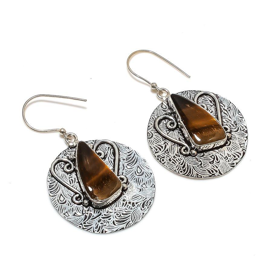 Natural Tiger Eye Gemstone 925 Sterling Silver Jewelry Earring 2.17" ZS-1386