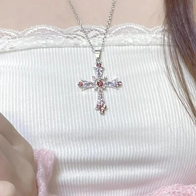 Crystal Cross Pendant Necklace for Women Girls Shiny Sweet Chain Punk Party Fashion Pendant Fashion Y2K Jewelry Accessories