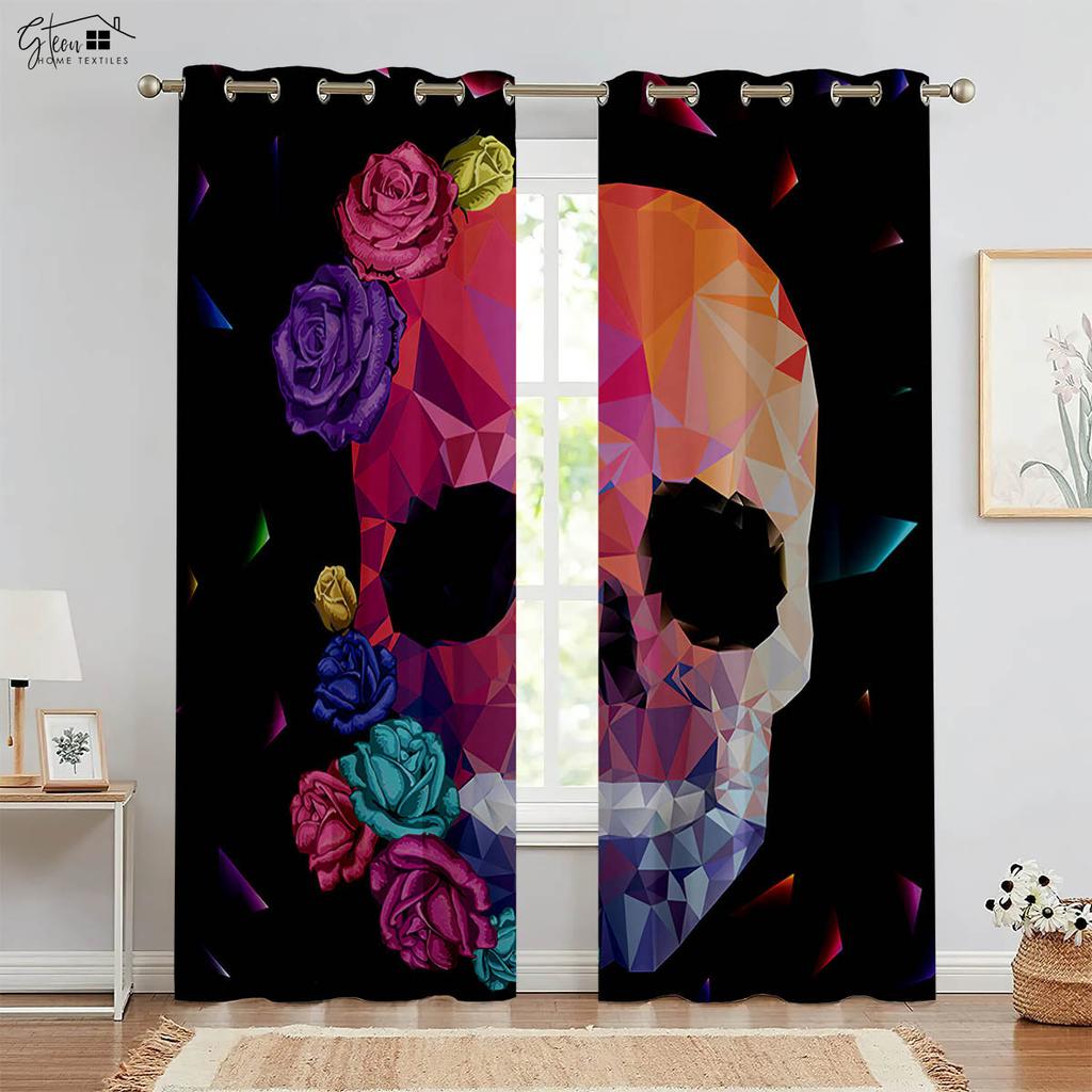 Halloween Christmas Skull Rose Drapes Retro Hippie Horror Tricky Secret Room Bar Bedchamber Holiday Decorationative Drapes