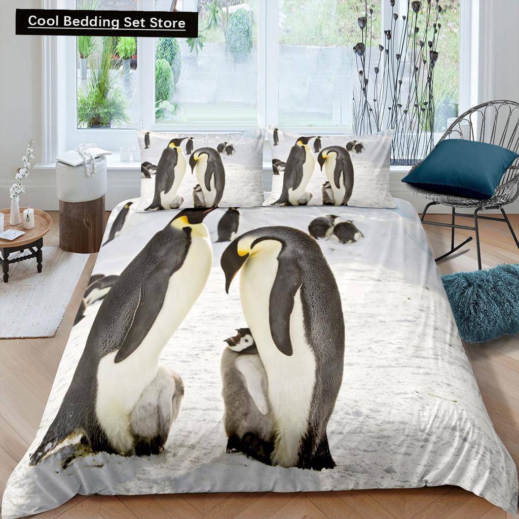 Penguin King Queen Duvet Cover Lovely Black White Antarctic Animals Bedding Set for Kids Wildlife 2/3pcs Polyester Quilt Cover