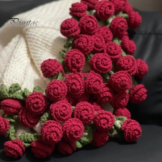 31.5 Inch Crochet Flowers Blanket Handmade Rose Bouquet Blanket Knitted Flowers Throw Blanket for Mother's Day Gift Home Decor