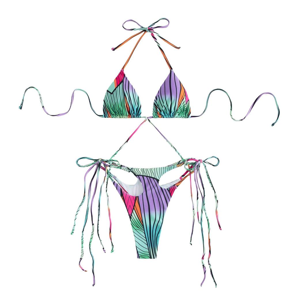 Quality Halter Bandage Printed Bikini Sets Women's Tassel High Elastic String Split Bikini Swimsuit
