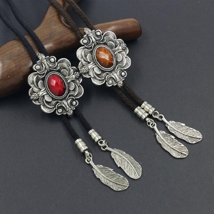 Unique Flower Necktie Braided Cord Alloy Engraving Stone Charm Neck Jewelry Tie Unisex Necklace Rodeos