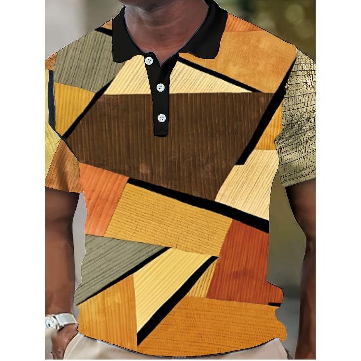 Wood Grain Geometric Short Sleeve Polo Shirt Men's Clothing