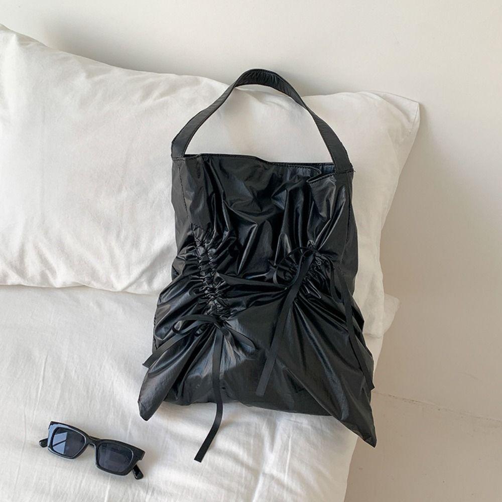 

Bowknot Bow Drawstring Bag Korean Style Silver Tote Bag Nylon Ruched Shoulder Bag Office Worker чёрный