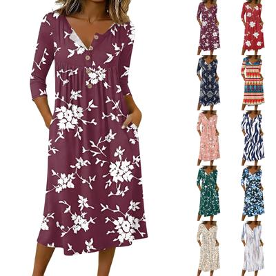 Women's Casual 3/4 Sleeve Button,down Mid,length Dress