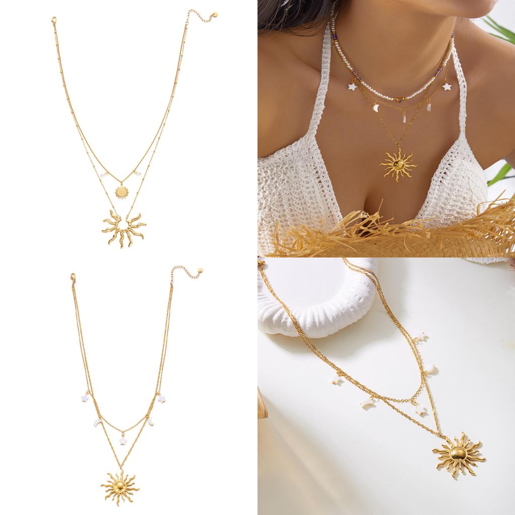 Ensemble de colliers géométriques en acier inoxydable avec cœur en perle et soleil creux pour un style vacances d'été