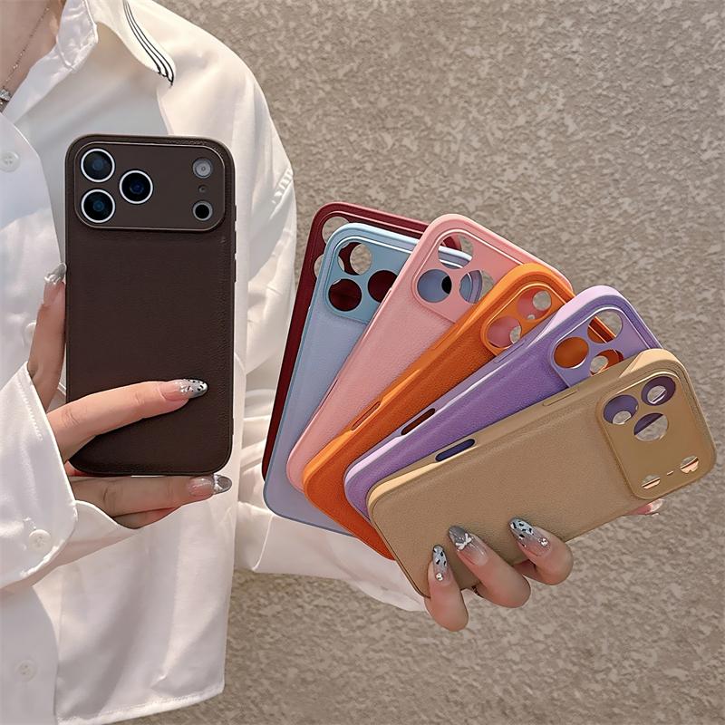 Lychee Pattern Leather TPU Frame Shockproof Case For iPhone 17 Air 16 15 14 Plus 13 12 11 17Pro Max 16E Solid Color Cover