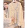 Autumn and winter new loose design splicing lace knitted cardigan lazy wind sweater jacket women
