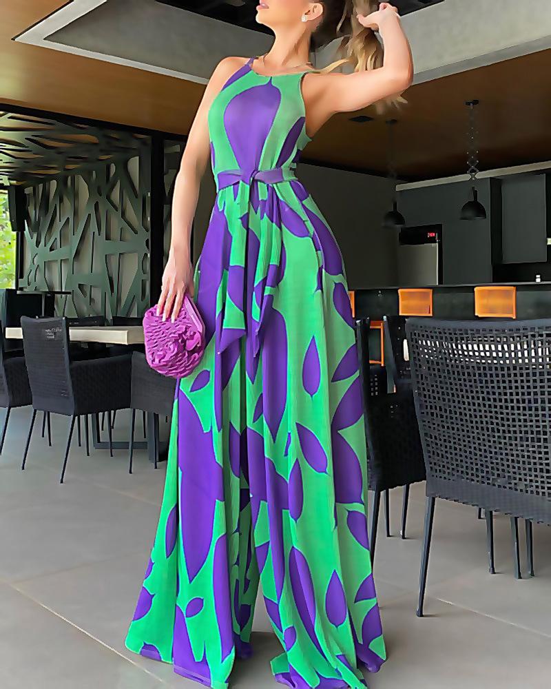 Combinaison verte à imprimé, style européen et américain, tempérament printanier, pour le travail, sans manches, à bretelles, style pantalon évasé, taille haute