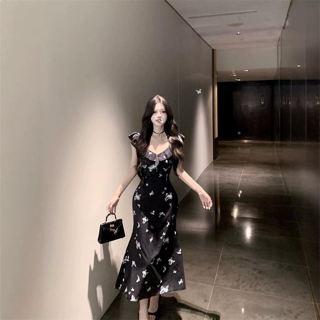French Butterfly Print Dress Women's Summer New Waist and Thin Temperament Long Dress Black Chiffon Fishtail Dress