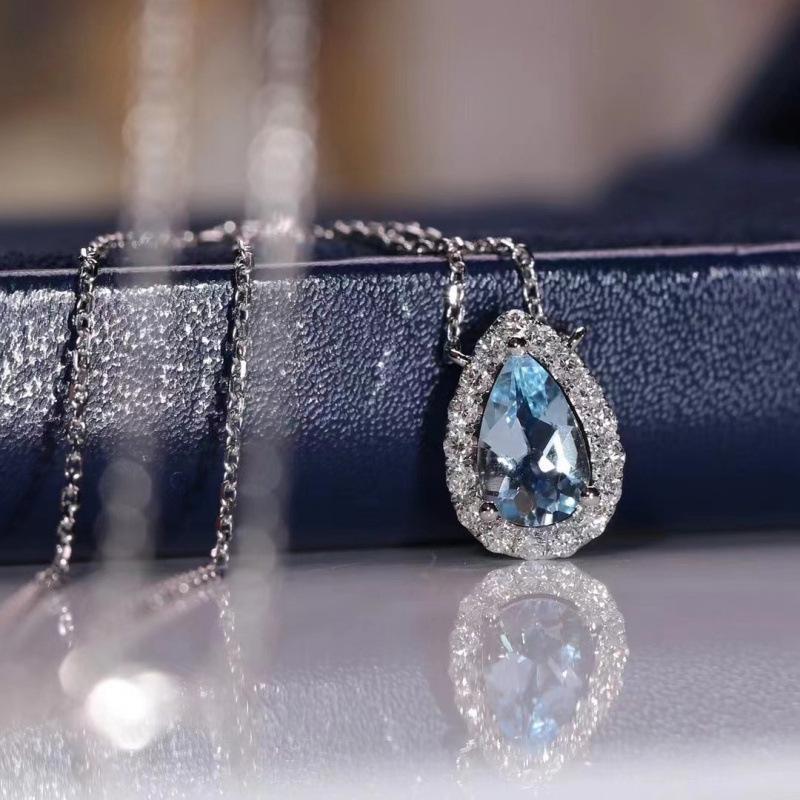 Korean Aquamarine & Zircon Pendant Necklace: Elegant Light Blue Water Drop Design for Women