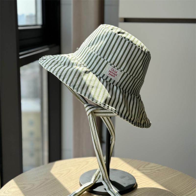 New Korean-style Striped Lace-up Fisherman Hat for Women, Summer Large Brim, UV Protection, Double-sided, Versatile Hiking Hat