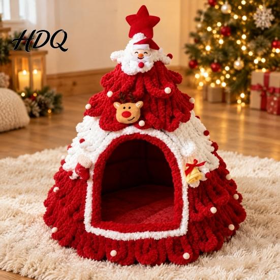 Felt Cat Bed Christmas Tree Cave Foldable Semi-Enclosed House Cozy House Warm Holiday Pet Hideaway for Indoor Cats Seasonal Home Decor Small