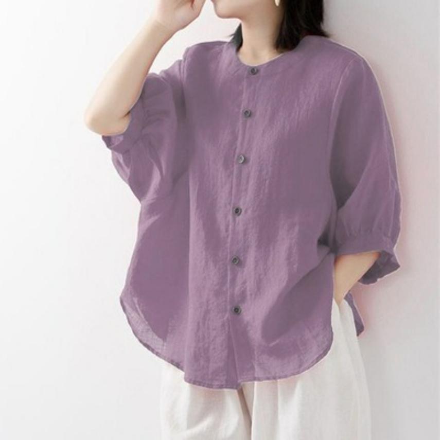 Spring and Summer Cotton and Linen Shirt Women's Lantern Sleeve Retro Literary Blouse Large Size Loose Mid-sleeved Shirt Women
