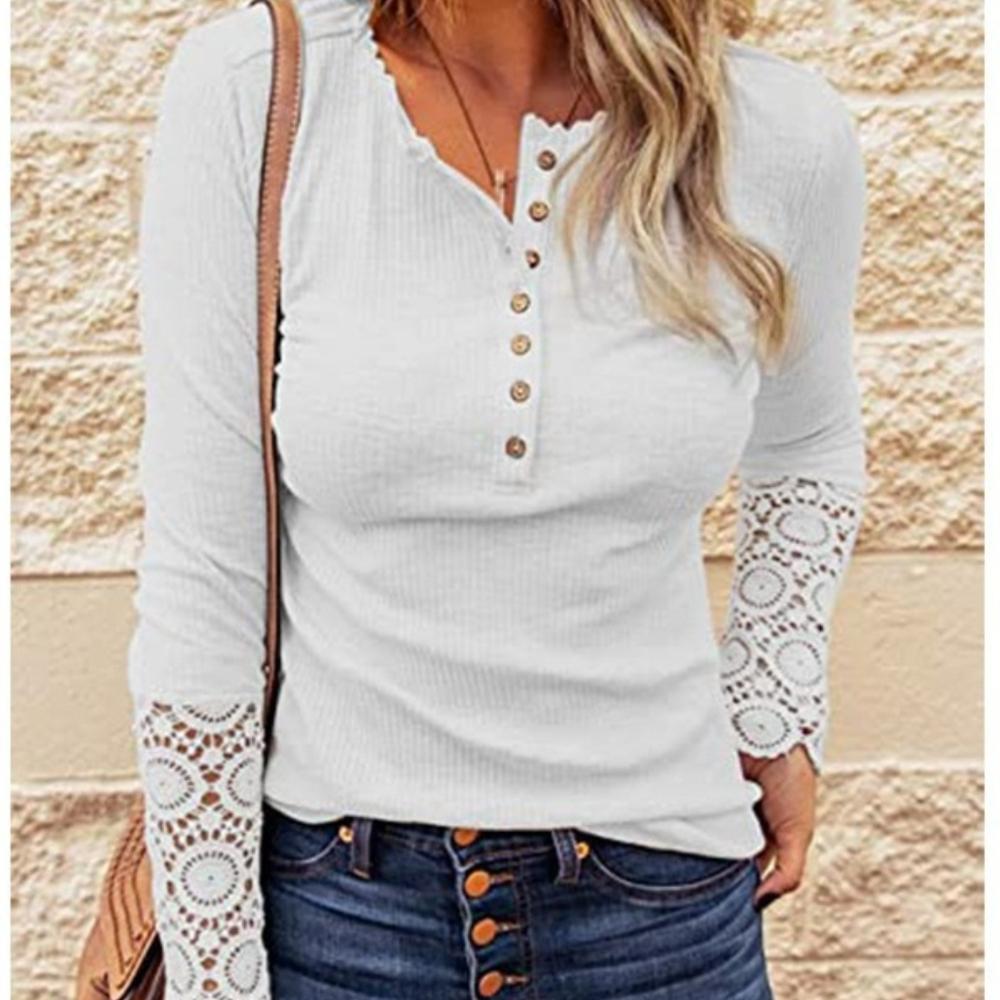 Fashionable Slim-fit Solid-color Round-neck Single-button Lace Base Long-sleeved Top