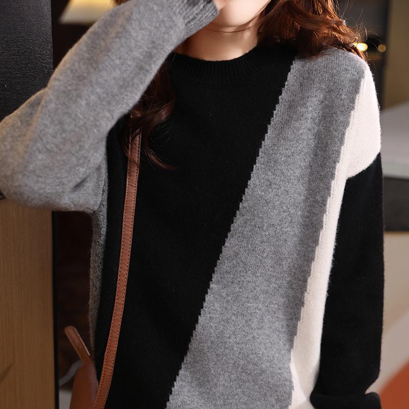 Women's 100% Pure Wool Color Block Round Neck Sweater - Loose, Stylish, Versatile Pullover, Slimming Cashmere Knit Base Layer