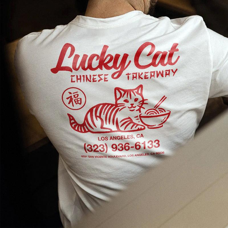 LUCKY CAT American retro sports style pure cotton casual niche printing crew neck short-sleeved T-shirt men