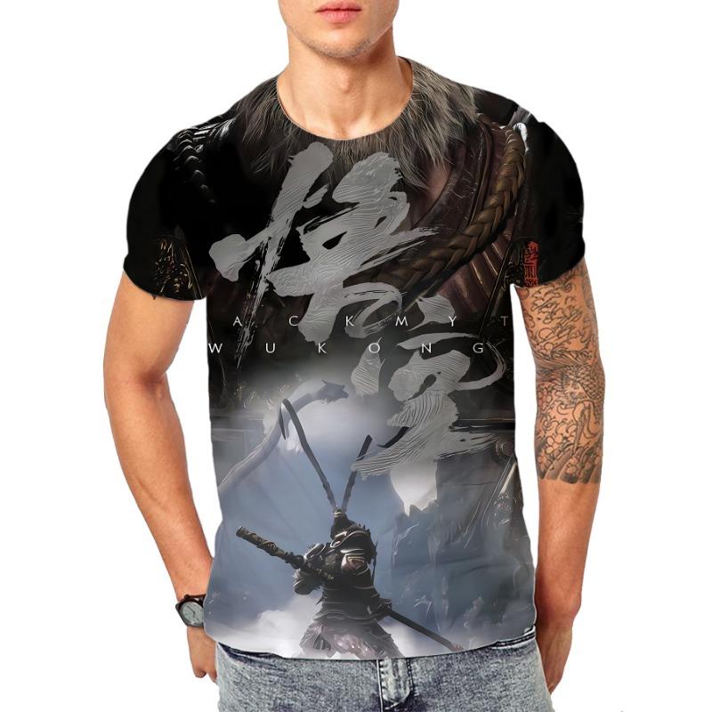 Black Myth Wukong Game Qi Tian Da Sheng 3D Digital Printed Men's T-Shirt, Chinese Style Casual Plus Size Breathable Sporthirt