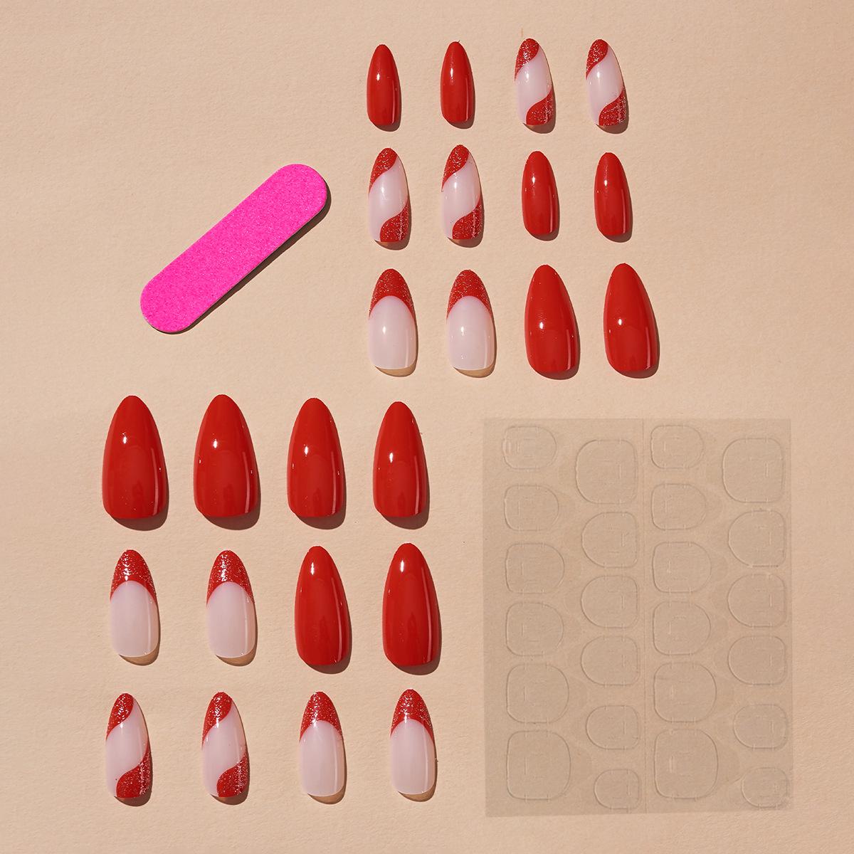 

Накладные ногти в балетном стиле с красными полосками - Привлекательные, в стиле Spicy Girl Ins, Съемные типсы для Нового года.