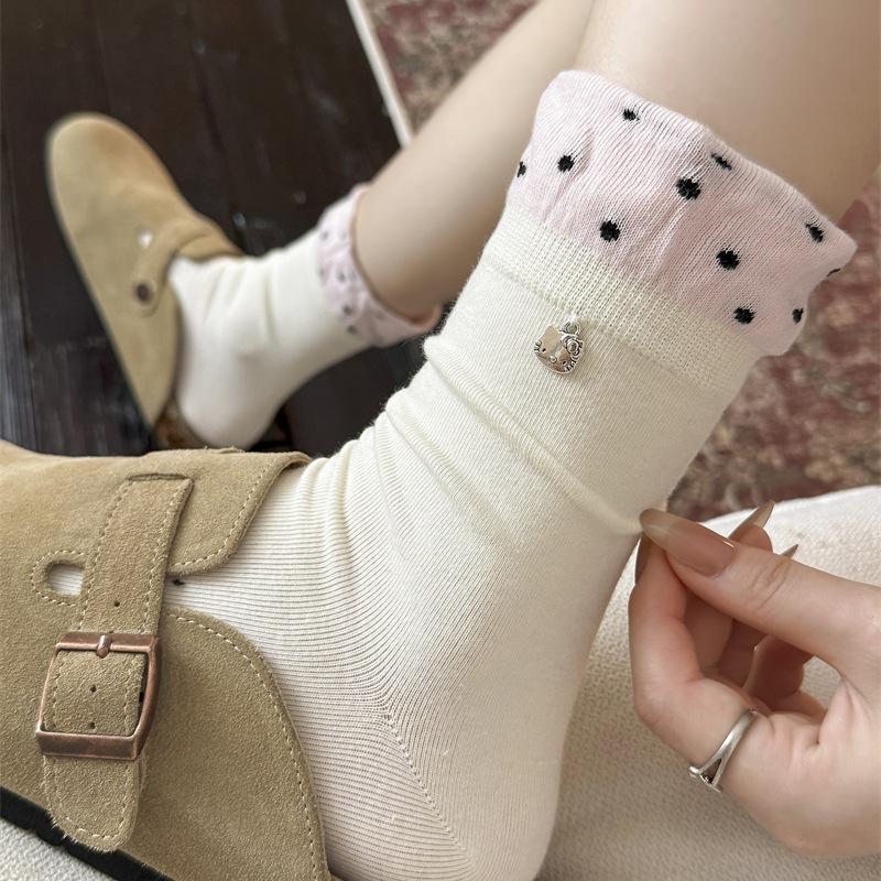 Contrasting Color Luo Kou Small Polka Dot Socks Lace Medium Tube Socks Cartoon Kt Cat Pendant Stacking Socks Jewelry Socks