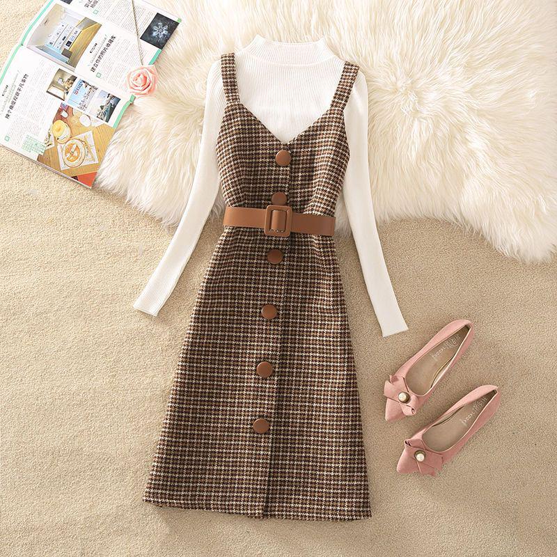 Women's 2023 Retro Wool Plaid Sweater Dress Suit: Trendy Autumn/Winter Two-Piece Set
