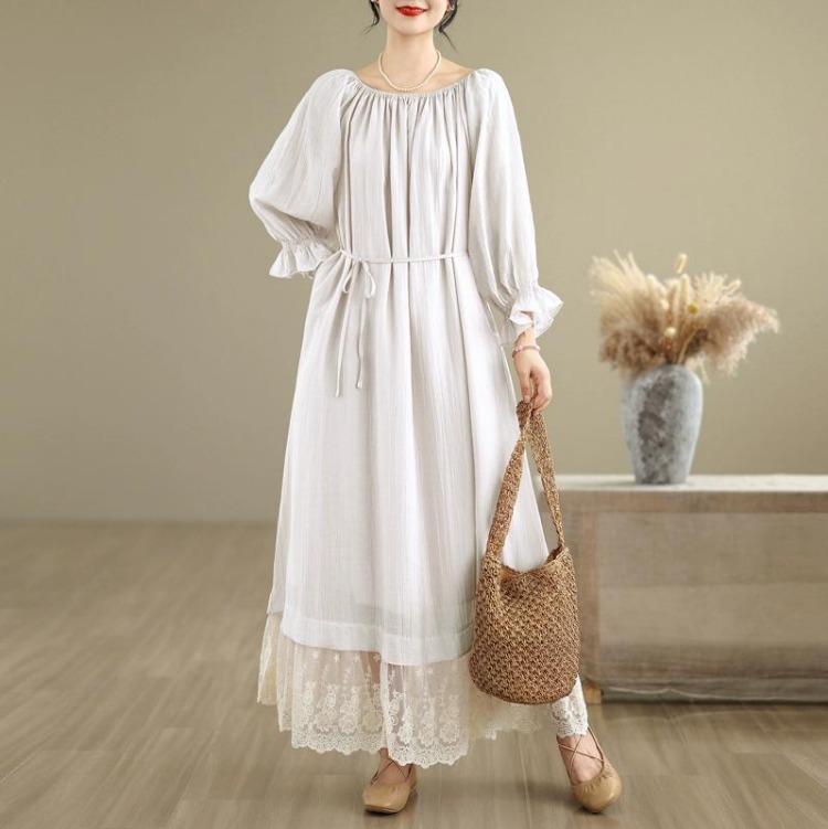 New French Style Oversize Off The Shoulder Dress Patchwork Lace Sweet One Neckline Slim and Long Look