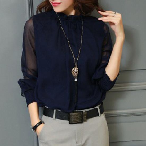 Camisa de Mujer de Manga de Malla Transparente, Puños Elásticos, Cuello Elegante con Volantes, Color Sólido, de Gasa