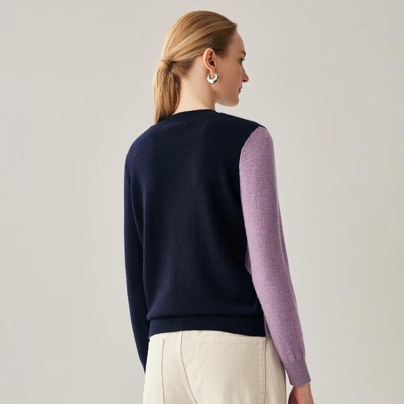 Zhaojun Women's 100% Cashmere Round Neck Color Block Knit Sweater