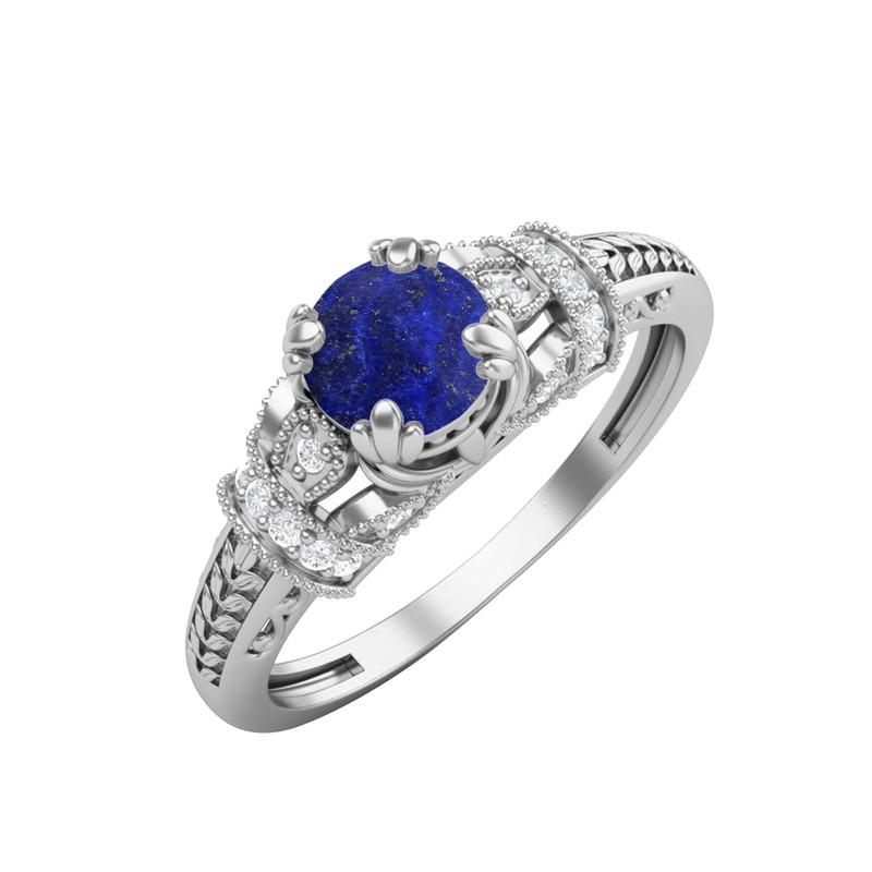 

5MM Round Lapis Gemstone 925 Sterling Silver Solitaire Blossom Design Women Wedding Ring 8.5 білий
