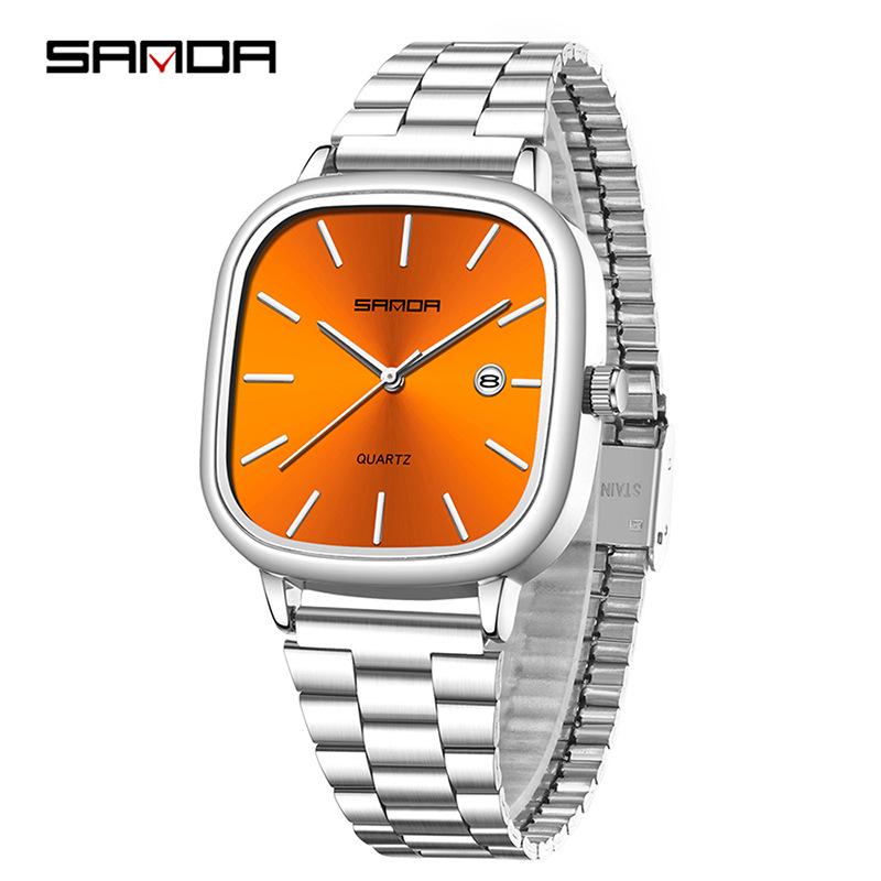 Retro Light Luxury Gold Square Watch with Large Dial and Calendar - High-Value Steel Band for Couples