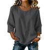 Women's Casual Solid Color Round Neck Three Quarter Sleeve Linen Cotton Blend Top Lightweight Comfortable Loose Fit Blouse for Everyday Wear