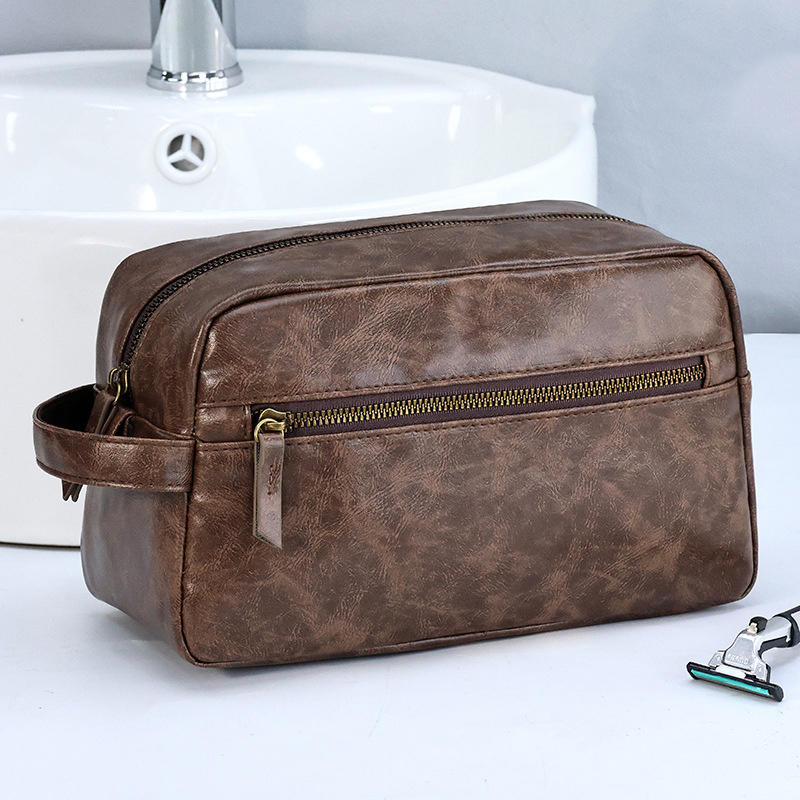 Men PU Leather Wash Bag Travel Business Trips Portable Cosmetic Bag Large Capacity Multi Pocket Design Handheld business trip Wash Bag