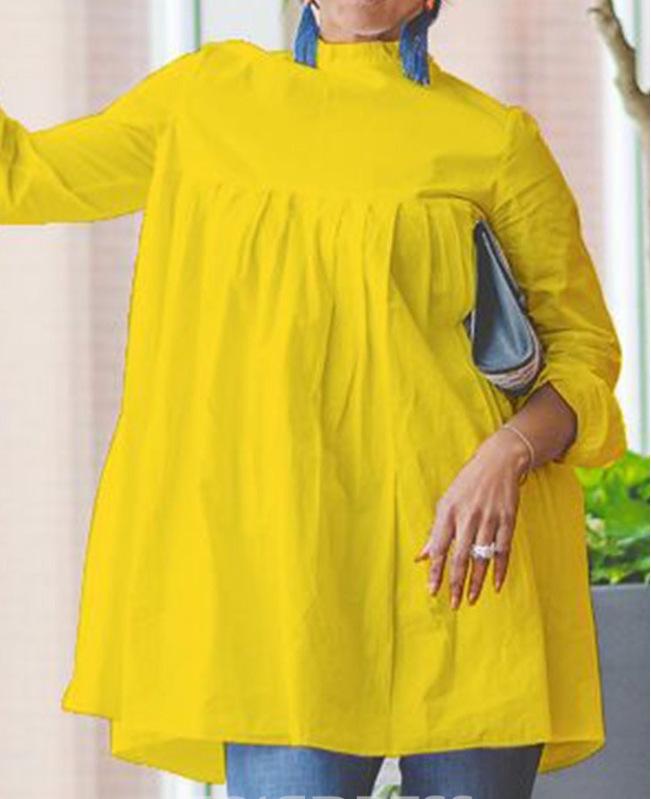 

Африканское женское однотонное платье-рубашка с длинным рукавом и полувысоким воротником XL жёлтый