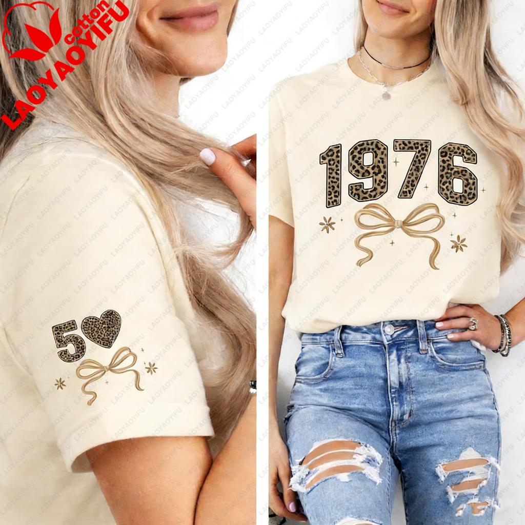 1976 Retro Leopard 50th Birthday Gift For Mothers Day Shirt Commuter Allmatch Regular Short Sleeve Printed Tshirt Tops