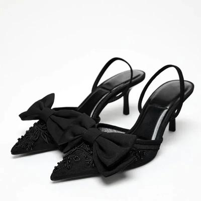 Mode Schwarz Mesh Perlenbesatz Absatzsandalen Damen Sexy Spitz Slingbacks Dünne Hohe Absätze Elegant Schleife Designer Damen Pumps