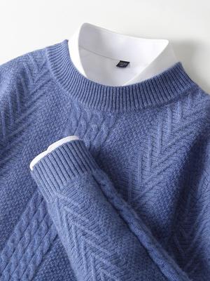 Men's Thick Double-Ply Pure Wool Sweater - Round Neck, Twist Pattern, Business Casual, Large Size Base Layer