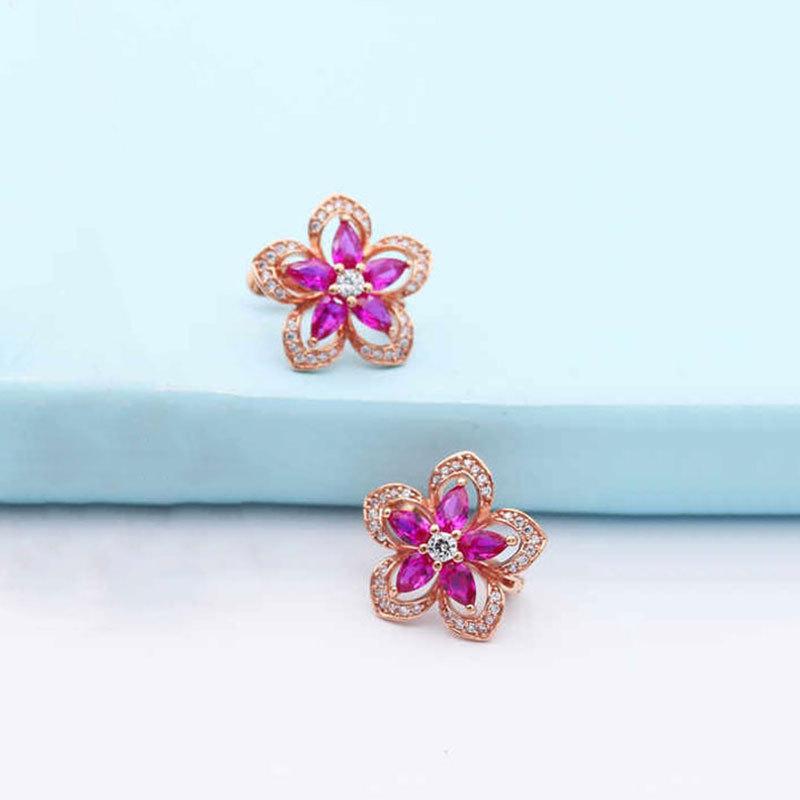 Изысканные Русские Серьги 585 Пробы Фиолетового Золота с Вставкой Красного Камня Цветок Модный Характер Серьги с Покрытием из Розового Золота