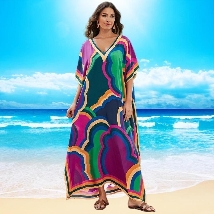 Colorful Printed Boho Beach Kaftan Dress Women Plus Size Maxi Summer Cover Up Rayon Bathing Suit