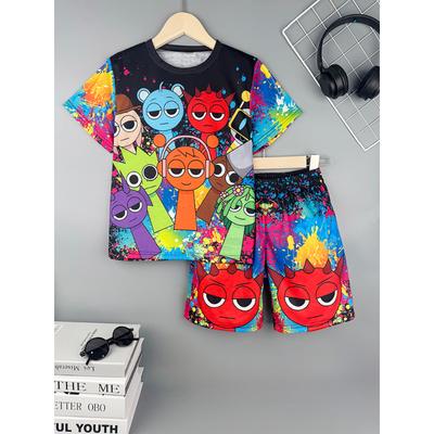 2pcs Children's Fashion Cartoon Set Casual Fun Short Sleeve Top Loose Shorts Summer New Boys Sports Comfortable Clothing