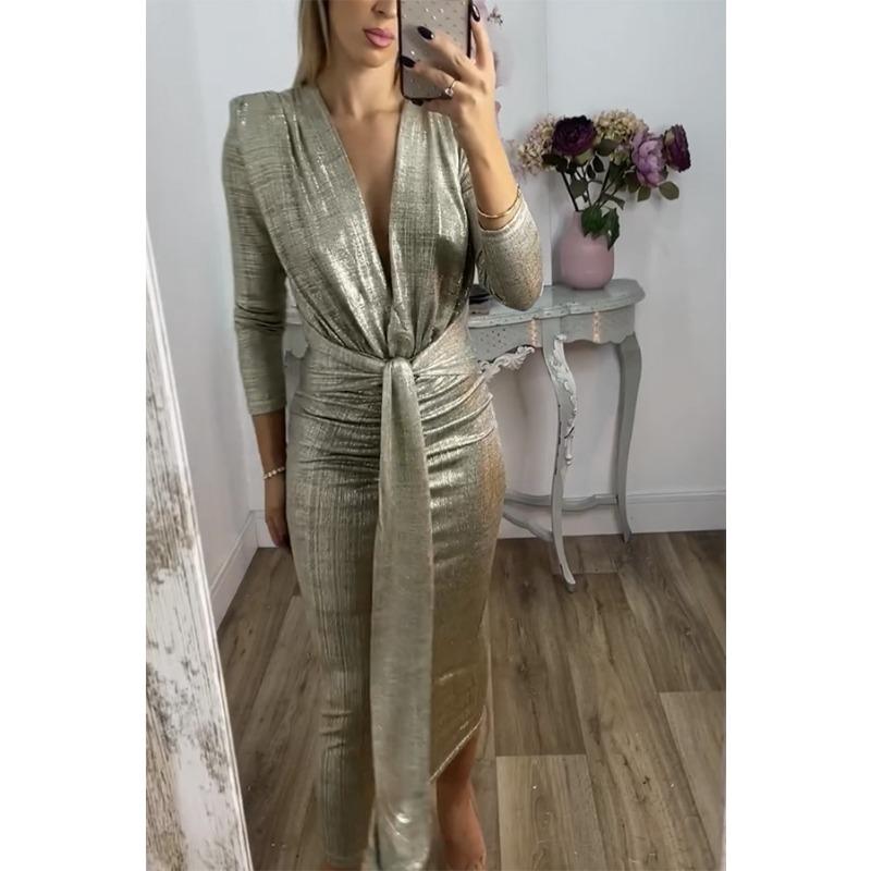 Women's Autumn and Winter Sexy V-neck Dress Solid Color Gold-toned Tight Hip-pack Skirt