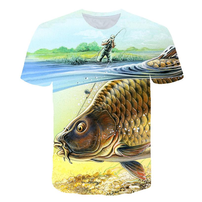 Sommar Rundhalsad 3D Roligt Fiskmönster Tryckt Topp Trendig och Avslappnad Lös Kortärmad Herr T-shirts