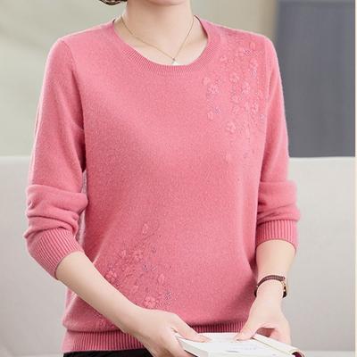 Women's Plus Size Wool Sweater Loose Fit Rhinestone Embroidery Knit Pullover Sweater Solid Color Soft Knit Top