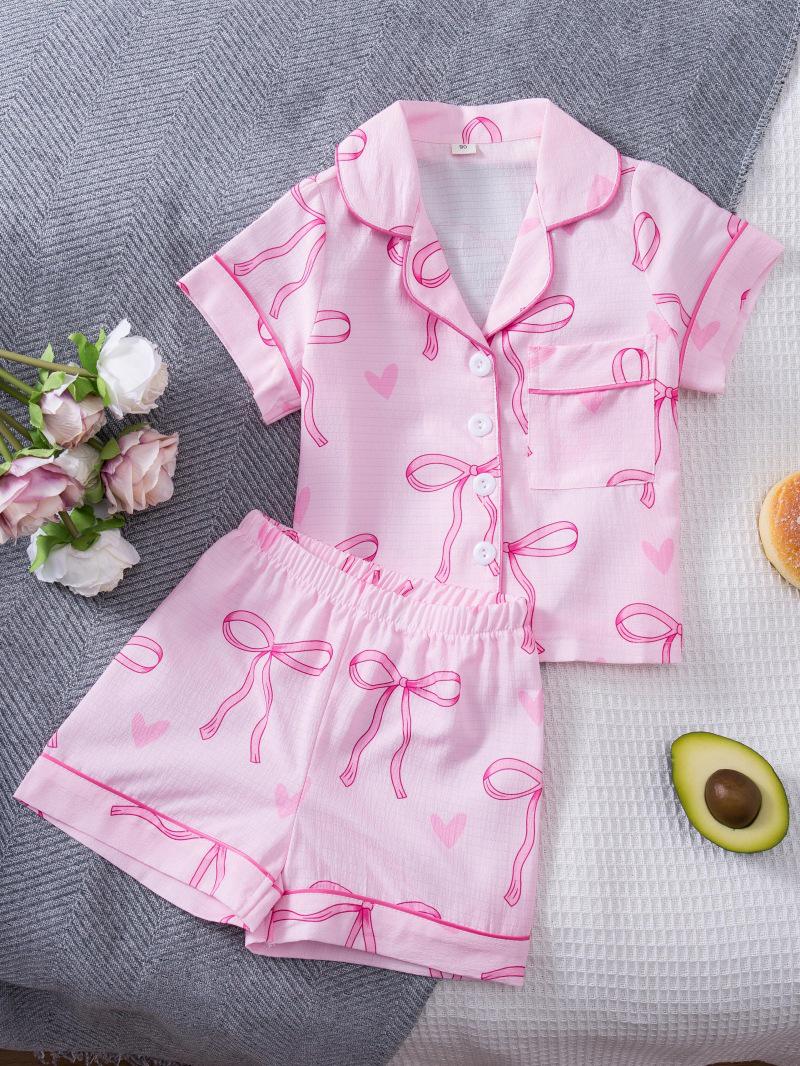 European & American Style Bow Short-Sleeve Pajama Set for Girls 110cm