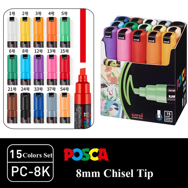 Japan Uni POSCA Markers Set Water-Based Acrylic Paint Pen Rock Painting PC-1M PC-3M PC-5M PC-8K PC-17K Full Colors Range Drawing